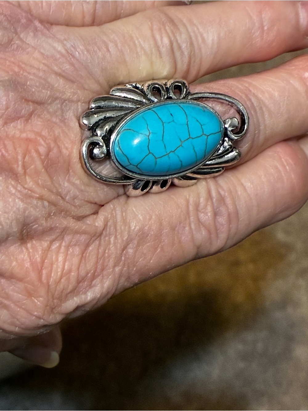 Turquoise Oval Statement Stretch Ring - Blue Stone, Silver Tone